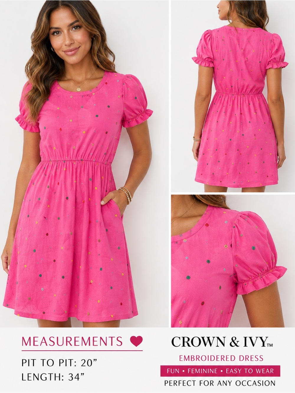 crown & ivy Bright Pink Short-Sleeve Embroidered Dot Dress